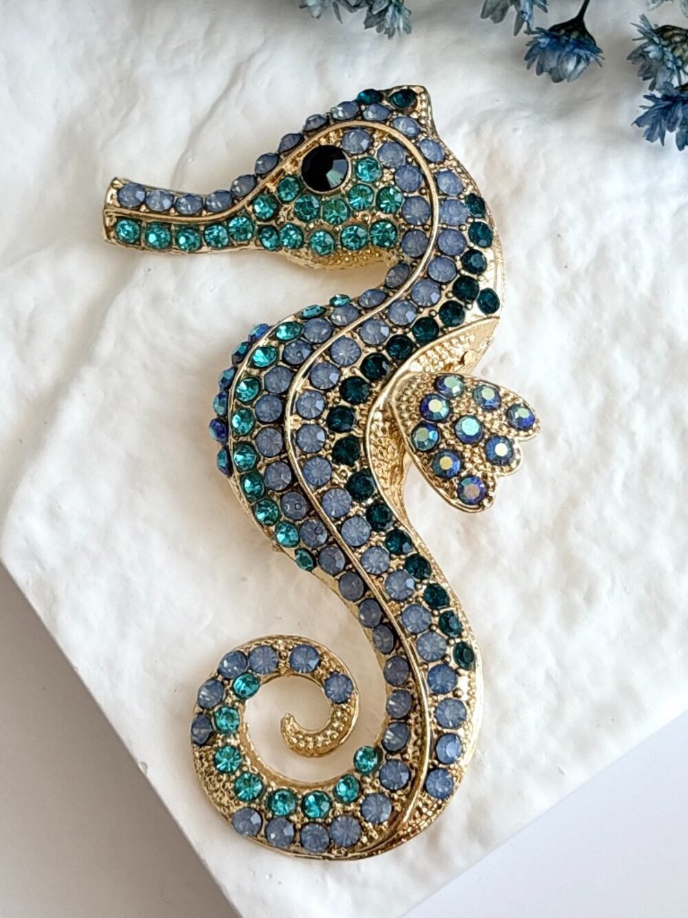 Seahorse Figural Blue & Green Rhinestone Gold Toned Jumbo Animal Brooch Pin